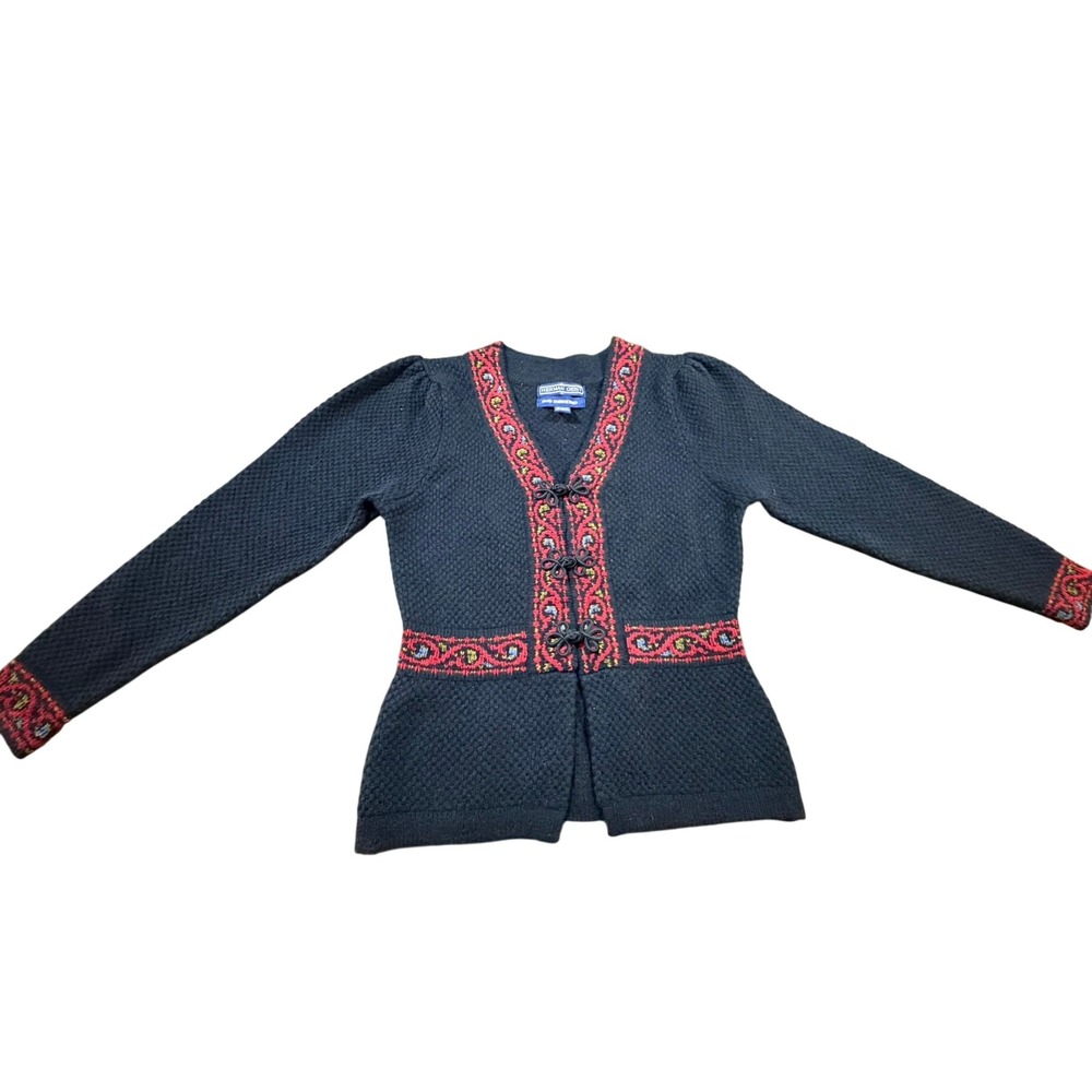 Herman Geist Vintage Black Shetland Wool Hand Embroidered Peplum Cardigan S